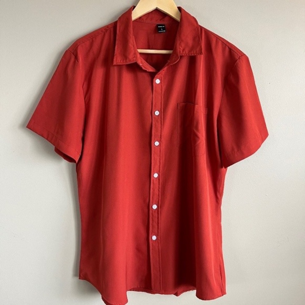 Mens Orange Button Up T Shirt (Size Large)